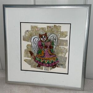 Vintage cat angel framed handmade art   signed original artwork cat in dress